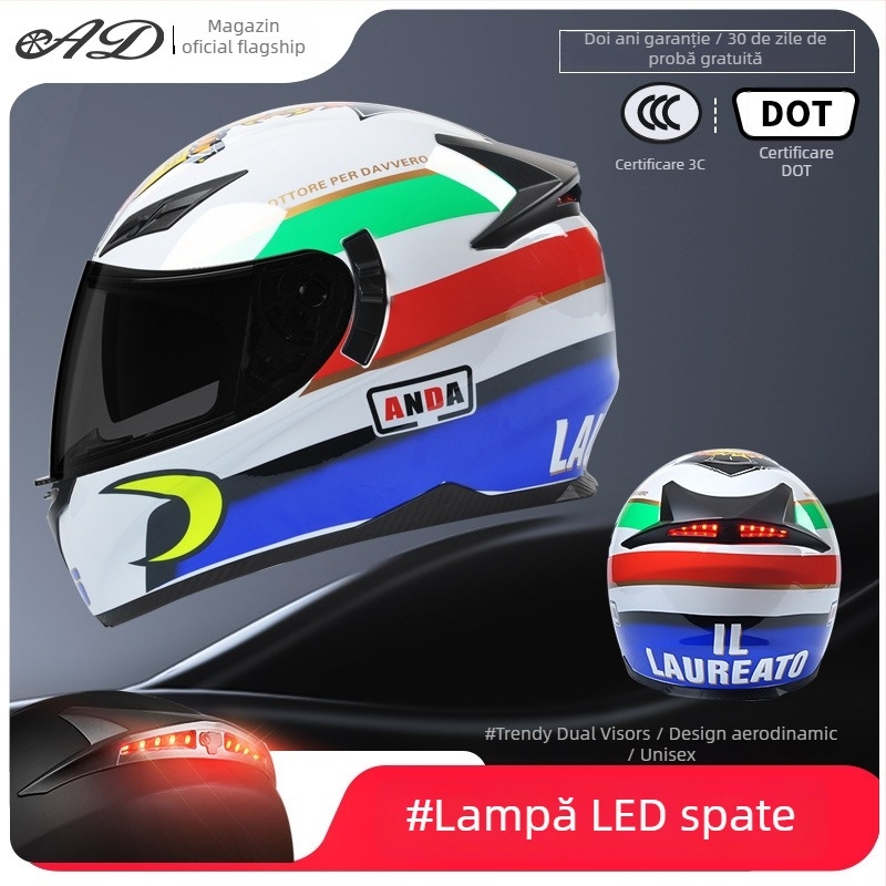 Casca AD pentru motocicletă electrică, full-face, pentru bărbați și femei, certificat 3C, potrivită pentru toate anotimpurile, iluminare LED de siguranță