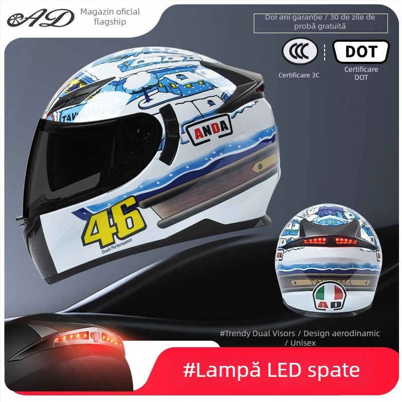 Casca AD pentru motocicletă electrică, full-face, pentru bărbați și femei, certificat 3C, potrivită pentru toate anotimpurile, iluminare LED de siguranță