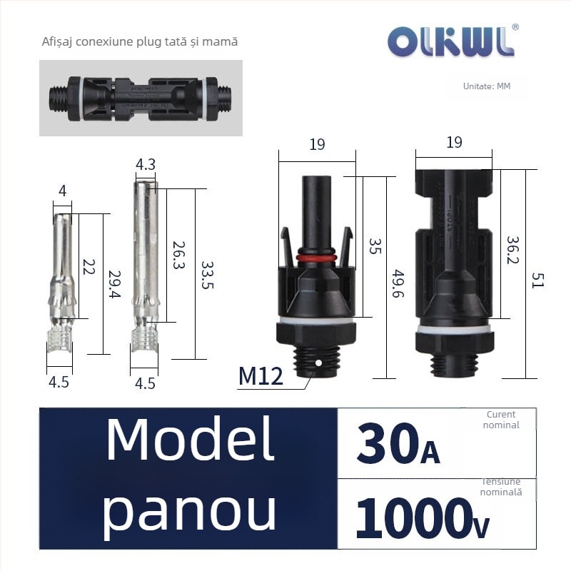 MC4 terminal fotovoltaic, conector masculin și feminin, pentru panou solar