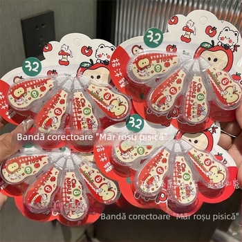 Bandă corectoare cu pisică roșie – stil școlar drăguț, inspirație Instagram, design desen animat, ambalaj tip card, mică dimensiune, set de 4 bucăți