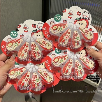 Bandă corectoare cu pisică roșie – stil școlar drăguț, inspirație Instagram, design desen animat, ambalaj tip card, mică dimensiune, set de 4 bucăți