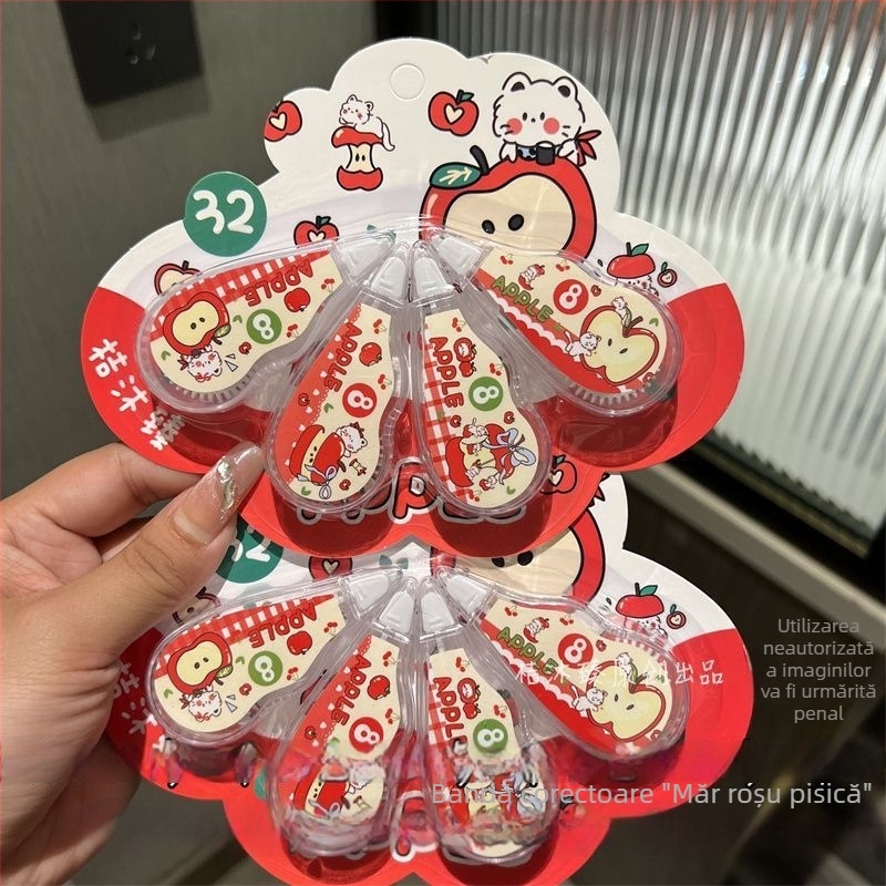 Bandă corectoare cu pisică roșie – stil școlar drăguț, inspirație Instagram, design desen animat, ambalaj tip card, mică dimensiune, set de 4 bucăți