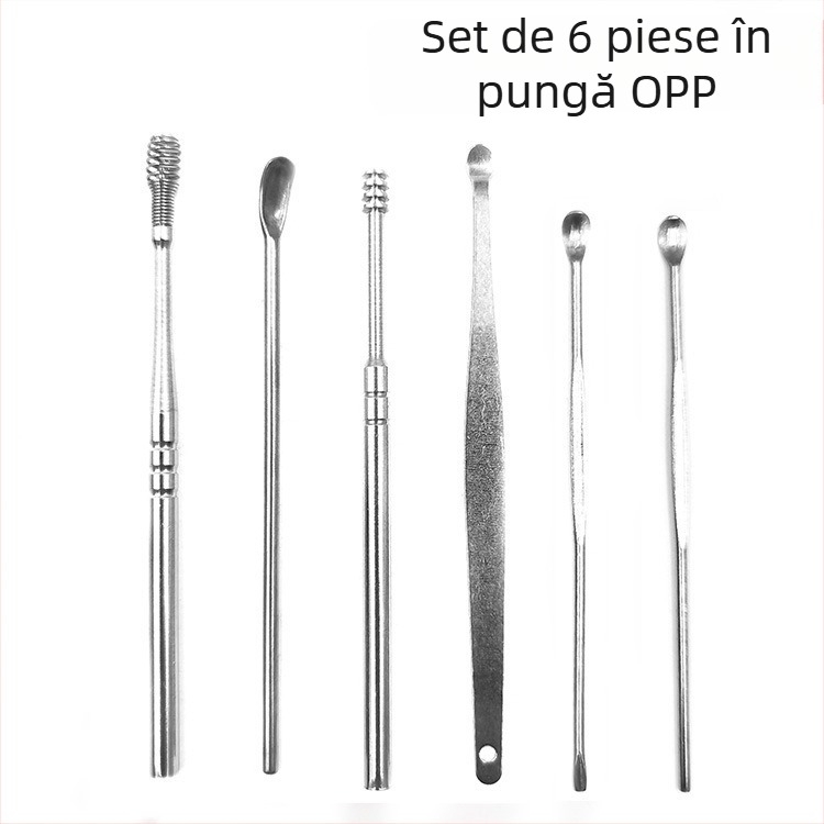 Set de șase linguri pentru urechi, din oțel inoxidabil, capete duble cu spirală