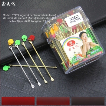 Xinmeida set de lingurițe pentru urechi în formă de inimă piersică, instrumente creative de curățare a urechilor, sticlă cu 100 bucăți, oțel carbon, culori argintiu și auriu