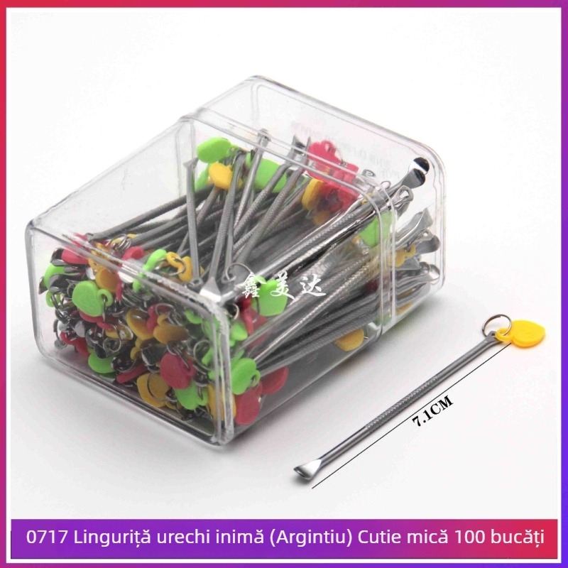 Xinmeida set de lingurițe pentru urechi în formă de inimă piersică, instrumente creative de curățare a urechilor, sticlă cu 100 bucăți, oțel carbon, culori argintiu și auriu
