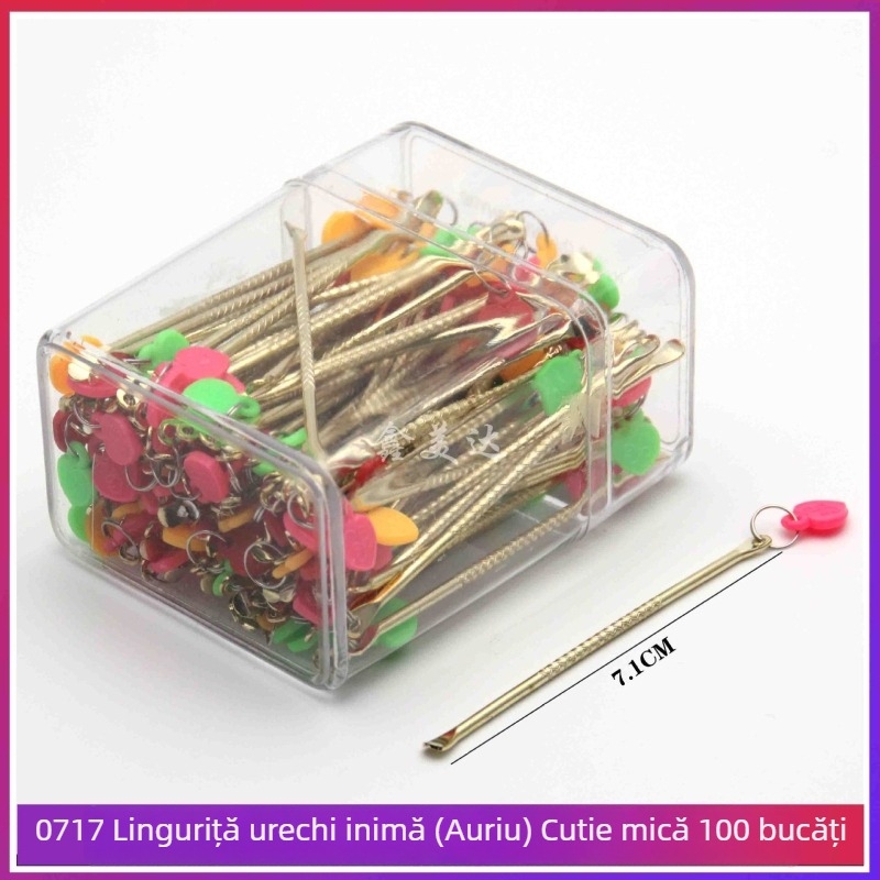 Xinmeida set de lingurițe pentru urechi în formă de inimă piersică, instrumente creative de curățare a urechilor, sticlă cu 100 bucăți, oțel carbon, culori argintiu și auriu
