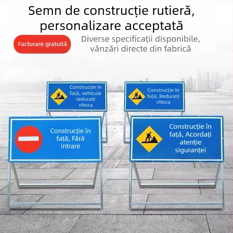 Semn pliabil reflectorizant pentru drum în construcție înainte – interzicerea trecerii vehiculelor și deviație