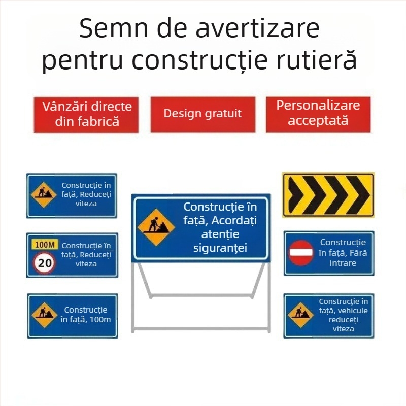 Semn pliabil reflectorizant pentru drum în construcție înainte – interzicerea trecerii vehiculelor și deviație