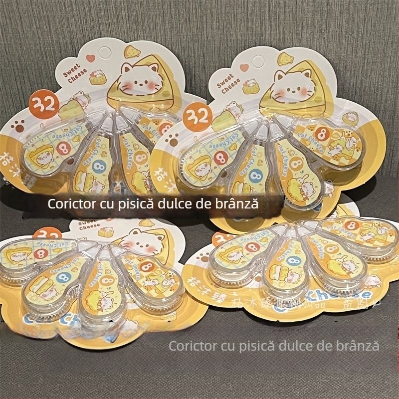 Bandă corectoare Cream Puff Cat – Design animat drăguț pentru elevi, pachet compact de 4 bucăți