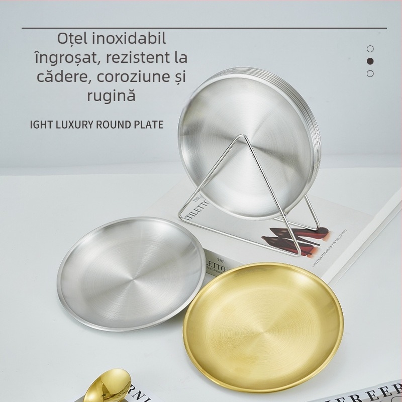 Stil coreean, oțel inoxidabil auriu, farfurie pentru oase cu suport de depozitare, farfurie rotundă pentru cafenea, alimentară, farfurie de grătar ușoară