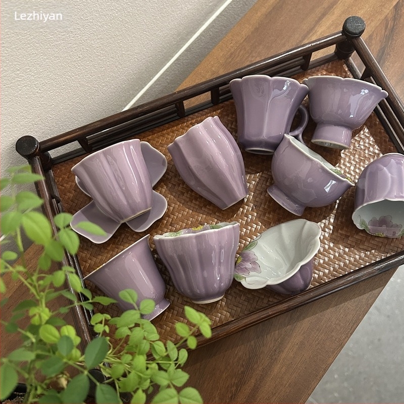 Ceașcă de ceai ceramică, pictată manual cu o peonie mov, pentru uz casnic