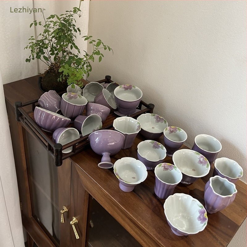 Ceașcă de ceai ceramică, pictată manual cu o peonie mov, pentru uz casnic