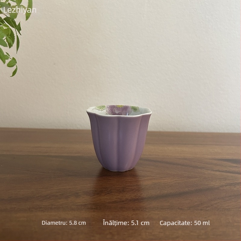 Ceașcă de ceai ceramică, pictată manual cu o peonie mov, pentru uz casnic