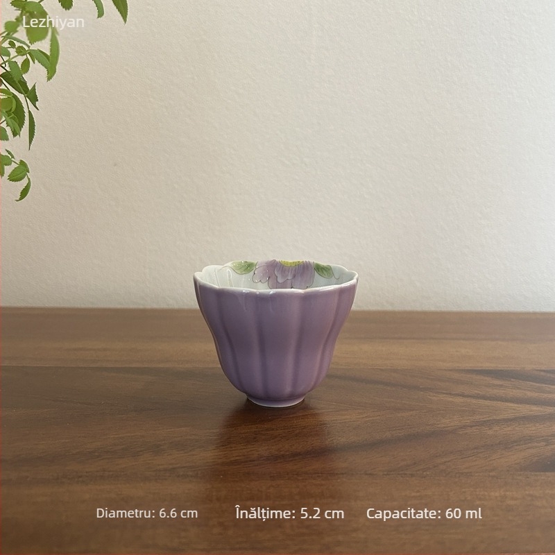Ceașcă de ceai ceramică, pictată manual cu o peonie mov, pentru uz casnic