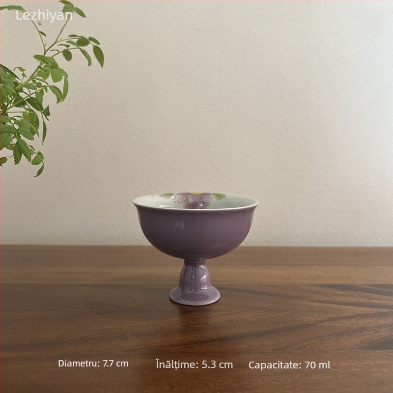 Ceașcă de ceai ceramică, pictată manual cu o peonie mov, pentru uz casnic
