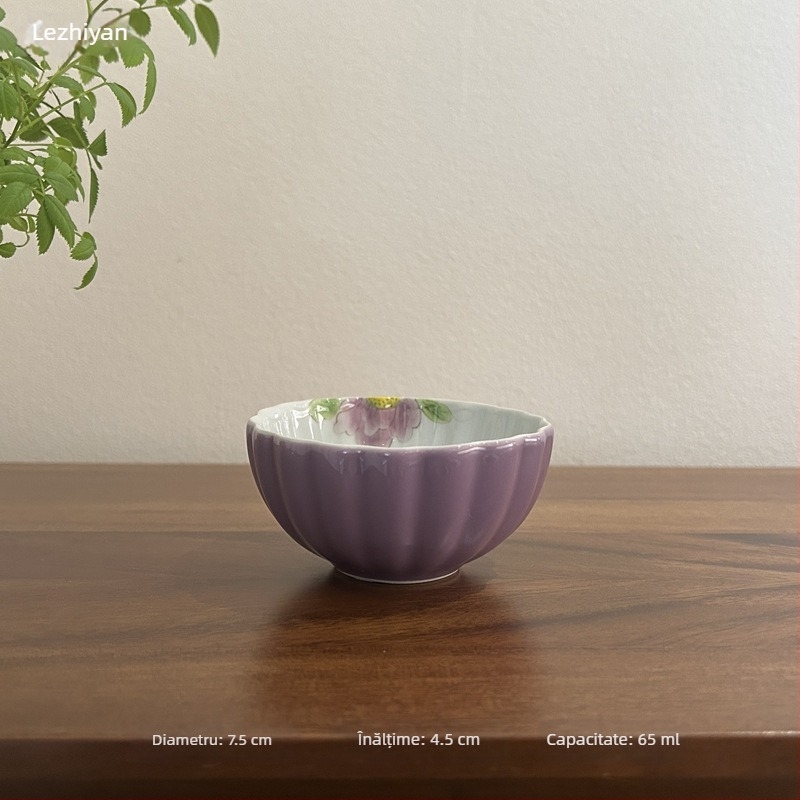 Ceașcă de ceai ceramică, pictată manual cu o peonie mov, pentru uz casnic