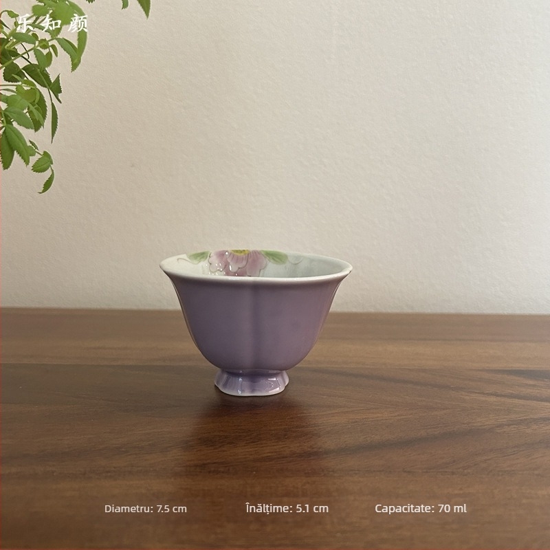 Ceașcă de ceai ceramică, pictată manual cu o peonie mov, pentru uz casnic