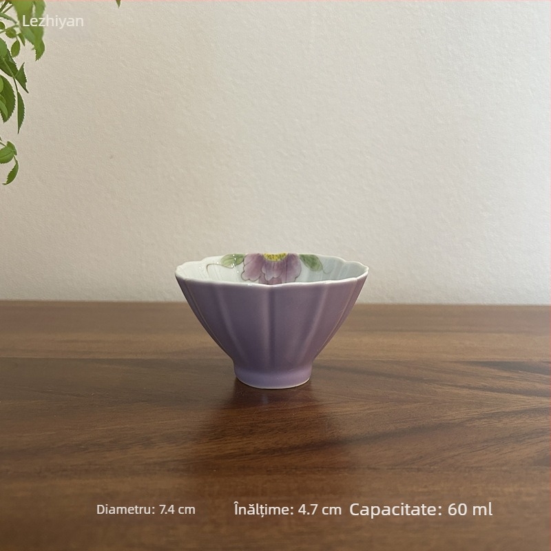 Ceașcă de ceai ceramică, pictată manual cu o peonie mov, pentru uz casnic