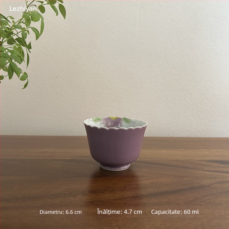 Ceașcă de ceai ceramică, pictată manual cu o peonie mov, pentru uz casnic