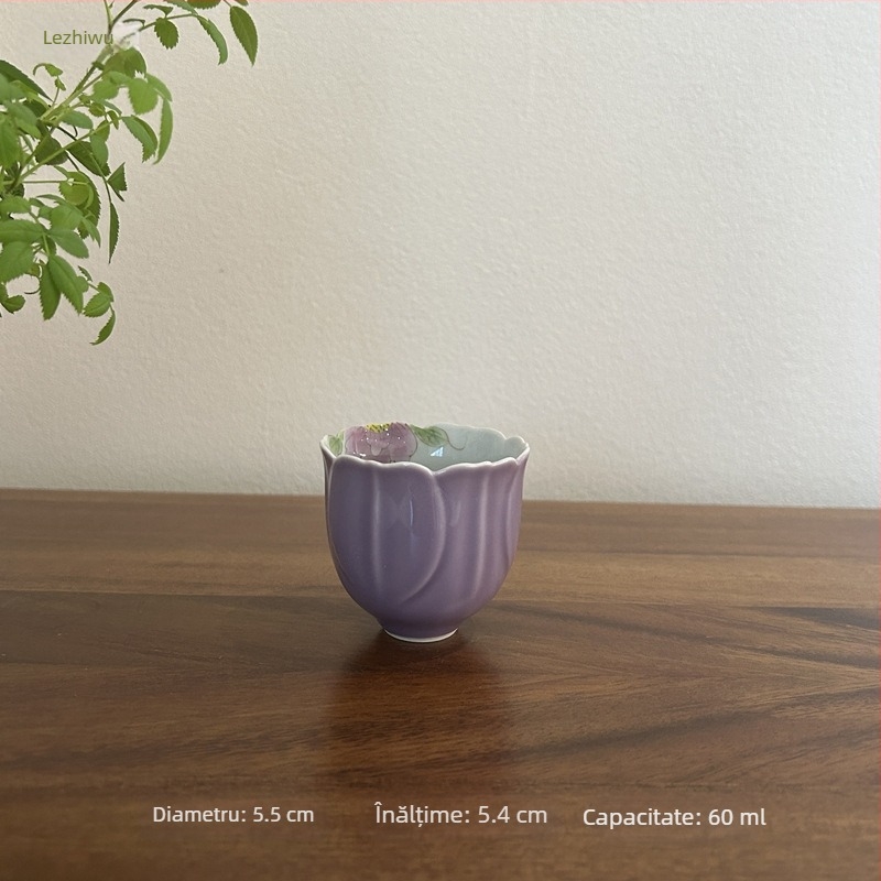 Ceașcă de ceai ceramică, pictată manual cu o peonie mov, pentru uz casnic