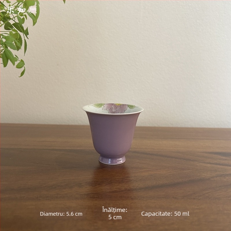 Ceașcă de ceai ceramică, pictată manual cu o peonie mov, pentru uz casnic