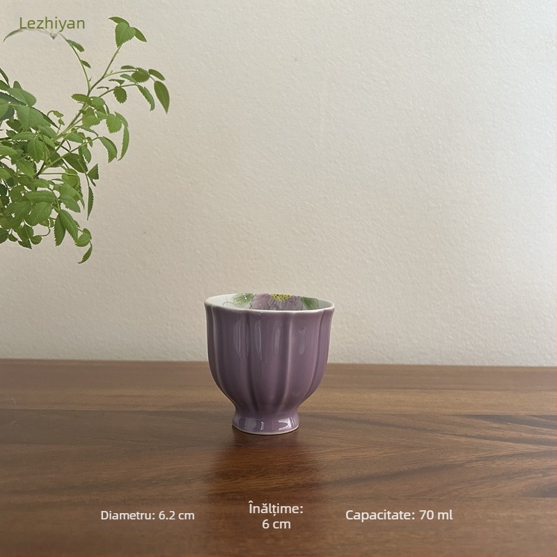 Ceașcă de ceai ceramică, pictată manual cu o peonie mov, pentru uz casnic