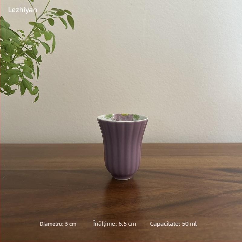 Ceașcă de ceai ceramică, pictată manual cu o peonie mov, pentru uz casnic