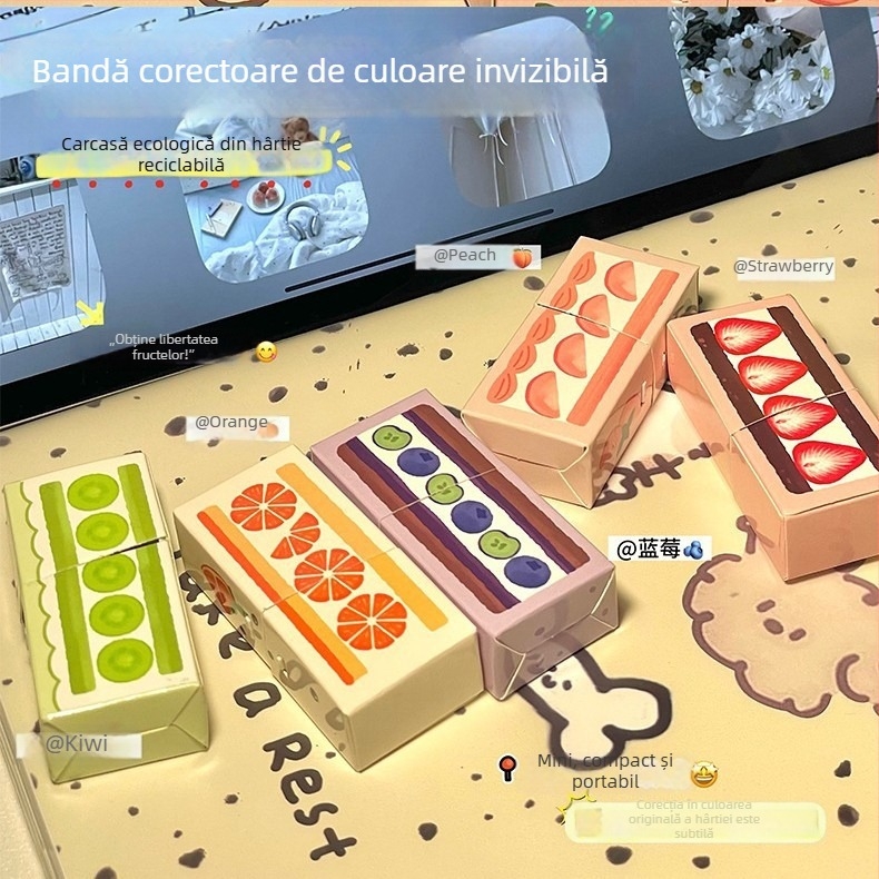Bandă de corecție într-o cutie de hârtie, stil drăguț, serie de fructe ecologică, culoare naturală a hârtiei, capacitate mare, aplicare lină