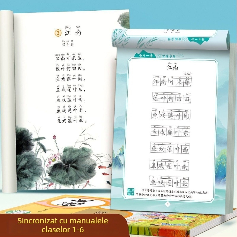 Carte de exerciții pentru scrierea chineză în stil regulat cu poezii clasice pentru elevi de școală primară — un poem pe zi, clasele 1–6 (la școală și după program)
