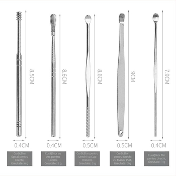 Set de șapte instrumente din oțel inoxidabil pentru curățarea urechilor, cu design spiral