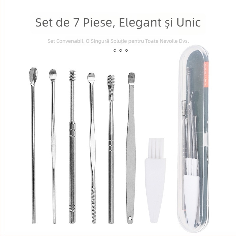 Set de șapte instrumente din oțel inoxidabil pentru curățarea urechilor, cu design spiral