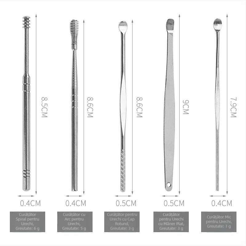 Set de șapte instrumente din oțel inoxidabil pentru curățarea urechilor, cu design spiral