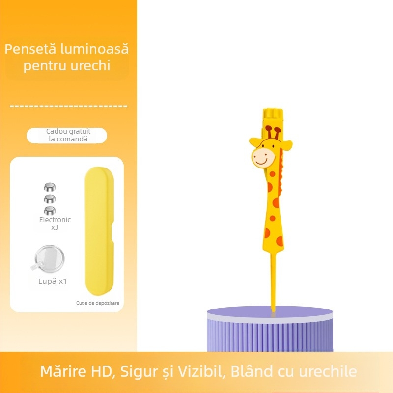 Instrument de curățare a urechilor cu lumină, în formă de girafă, sigur pentru copii, pensetă pentru cerumen
