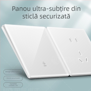 International Electrician panou întrerupător-priză ultra-subțire, culoare crem, cu un singur modul și două comenzi, față din sticlă securizată cu oglindă, 86 mm, cinci găuri