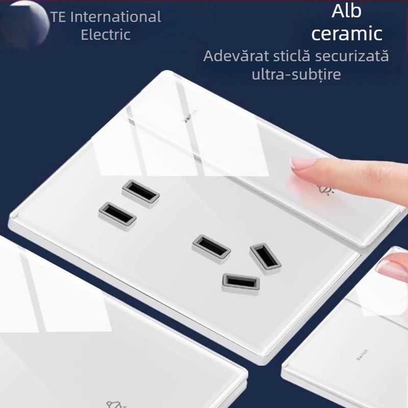 International Electrician panou întrerupător-priză ultra-subțire, culoare crem, cu un singur modul și două comenzi, față din sticlă securizată cu oglindă, 86 mm, cinci găuri
