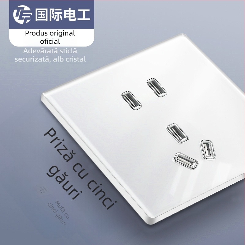International Electrician panou întrerupător-priză ultra-subțire, culoare crem, cu un singur modul și două comenzi, față din sticlă securizată cu oglindă, 86 mm, cinci găuri