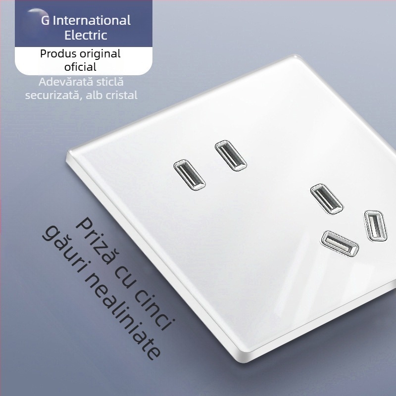 International Electrician panou întrerupător-priză ultra-subțire, culoare crem, cu un singur modul și două comenzi, față din sticlă securizată cu oglindă, 86 mm, cinci găuri