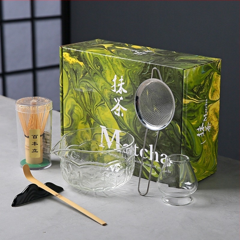 Vas de sticlă pentru matcha cu tel de bătut și suport, borosilicat, rezistent la temperaturi, inspirat de dinastia Song, set ceremonal japonez stil
