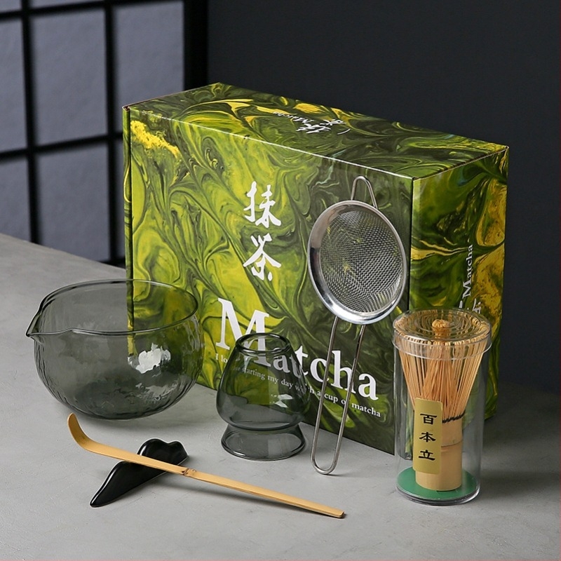 Vas de sticlă pentru matcha cu tel de bătut și suport, borosilicat, rezistent la temperaturi, inspirat de dinastia Song, set ceremonal japonez stil