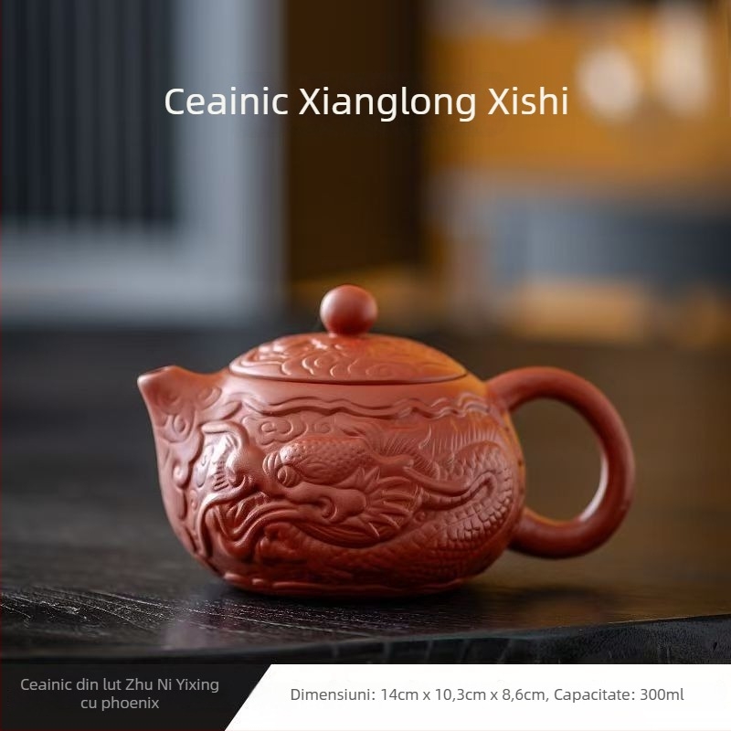 Ceainic din lut purpuriu nisipos, lucrat manual, cu relief dragon, design Dahongpao și Xishi, lut mineral original, capacitate mare, pentru prepararea ceaiului Gongfu