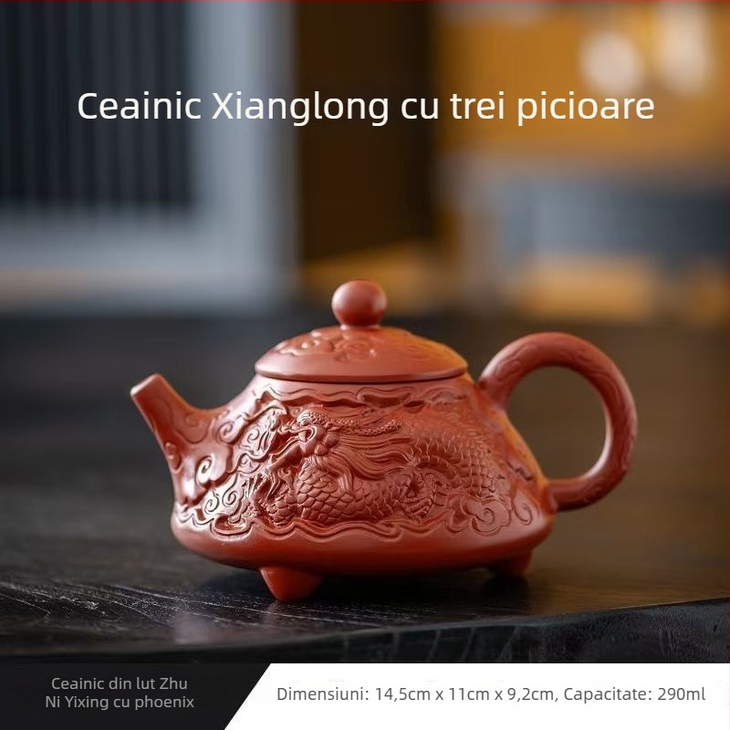Ceainic din lut purpuriu nisipos, lucrat manual, cu relief dragon, design Dahongpao și Xishi, lut mineral original, capacitate mare, pentru prepararea ceaiului Gongfu
