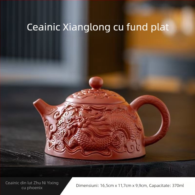 Ceainic din lut purpuriu nisipos, lucrat manual, cu relief dragon, design Dahongpao și Xishi, lut mineral original, capacitate mare, pentru prepararea ceaiului Gongfu