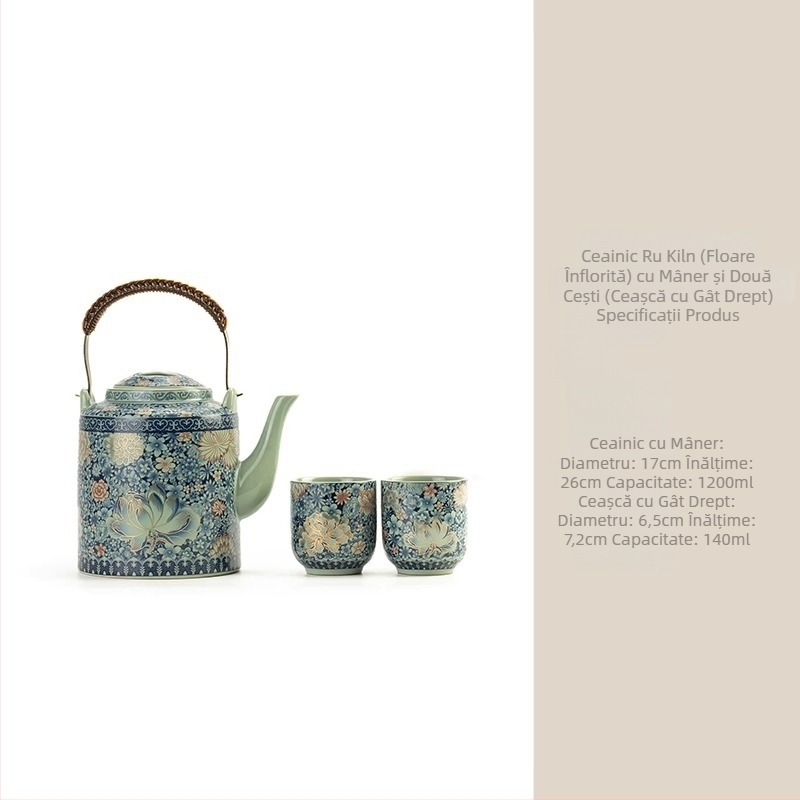 Ceainic de capacitate mare cu mâner și set de ceai cu căni în stil chinezesc – motiv floral pentru uz casnic, Gongfu set de ceai