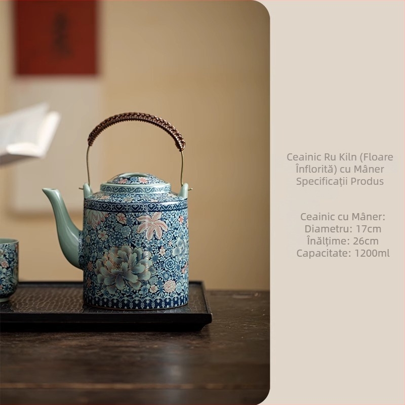 Ceainic de capacitate mare cu mâner și set de ceai cu căni în stil chinezesc – motiv floral pentru uz casnic, Gongfu set de ceai
