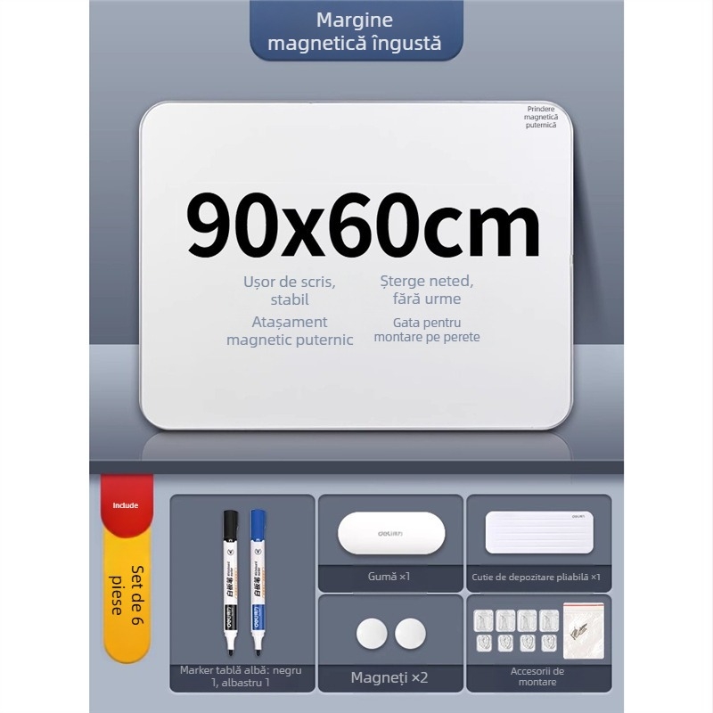 Deli 50026 Tablă albă cu ramă îngustă, tablă magnetică de scris pentru birou, 900×600 mm