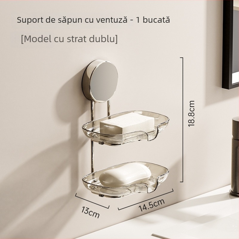 Suport de săpun montat pe perete cu ventuză, fără găuri, pentru baie, cu tavă de drenaj