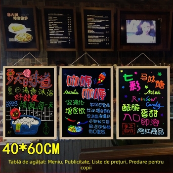 Tabla neagră cu ramă din lemn masiv, unidirecțională, magnetică și de agățat – tablă de mesaje și meniu în stil retro pentru cafenele, restaurante și magazine