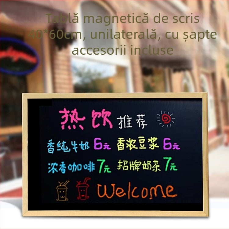 Tabla neagră cu ramă din lemn masiv, unidirecțională, magnetică și de agățat – tablă de mesaje și meniu în stil retro pentru cafenele, restaurante și magazine