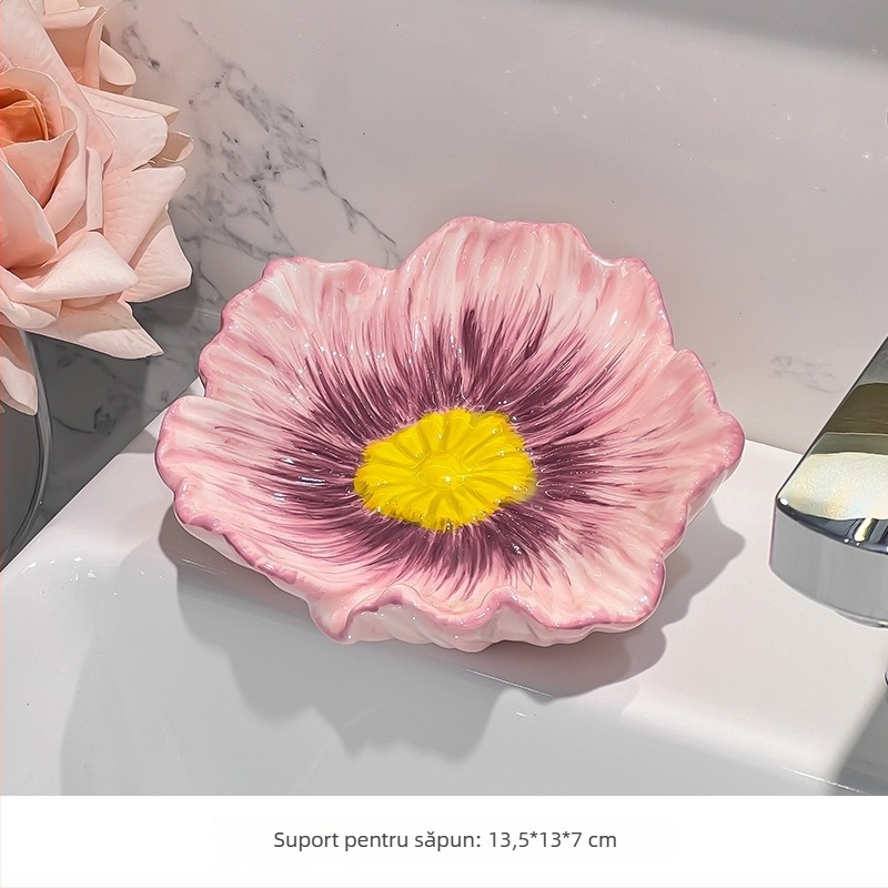 Săpunieră ceramică cu flori, drenaj pentru baie