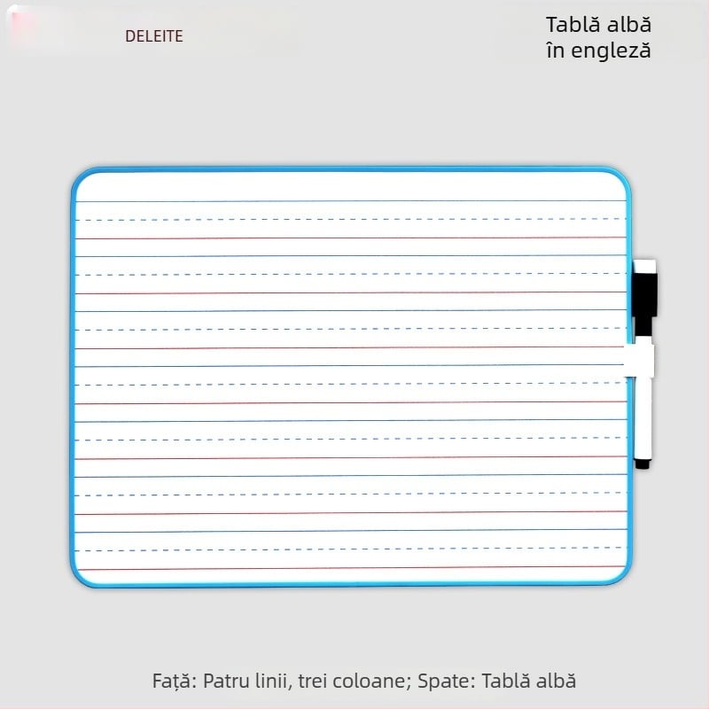 Tablă albă dublă pentru șters uscat, format A4, cu linii roșii și albastre, patru rânduri și trei grile, pentru exerciții de scriere